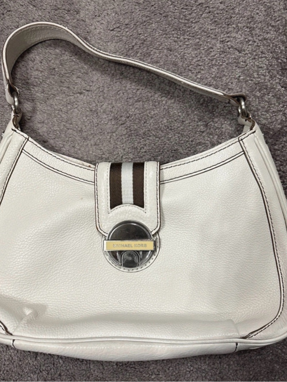 Michael Kors White Leather Shoulder Bag with Brown Stripe Detail
